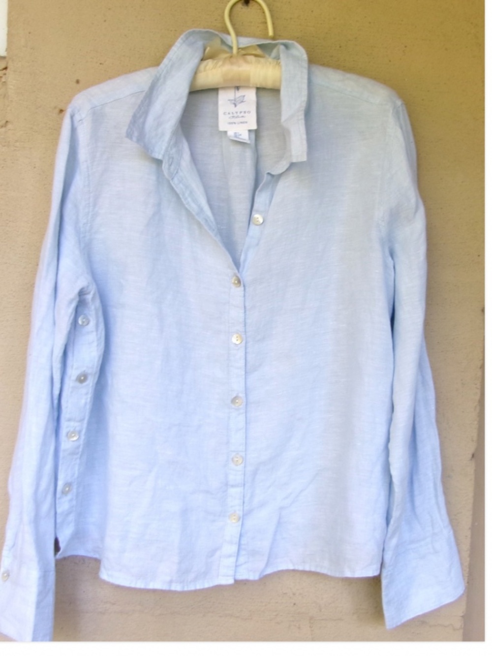 Calypso St. Barth Light Blue Linen Button-Down Shirt/Side Button Details LargeI